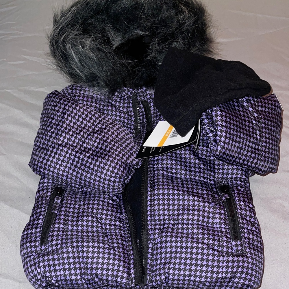 Girls London Fog Purple Puffer Jacket with Faux Fur Hood with extra hat included